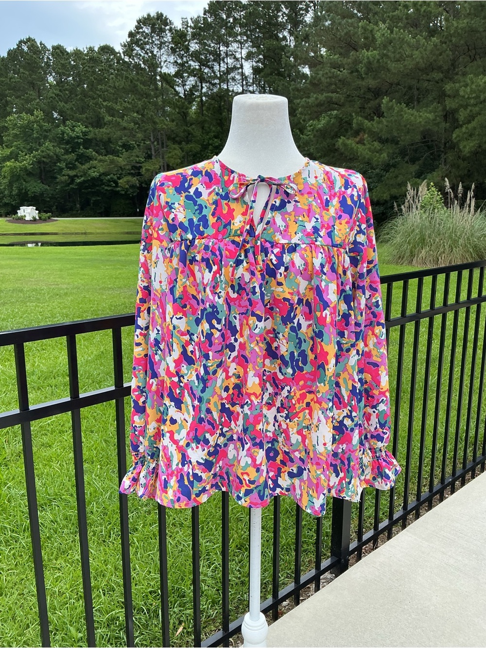 Michelle McDowell Colorful Flowy Abstract Tie-Neck Blouse